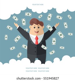 Man in a suit with a red tie getting a lot of money. boss, office worker, manager, banker,  businessman. Flat vector icon, illustration
