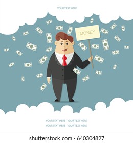 Man in a suit with a red tie getting a lot of money. boss, office worker, manager, banker,  businessman. Flat vector icon, illustration