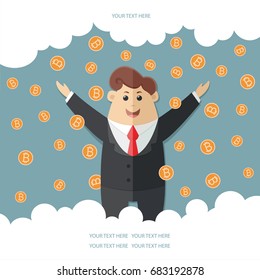 Man in a suit with a red tie getting a lot rain of bitcoins. Simple way to earn money online. Flat vector icon, illustration