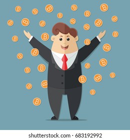 Man in a suit with a red tie getting a lot of Bitcoins. Simple way to earn money online. Flat vector icon, illustration