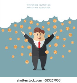 Man in a suit with a red tie getting a lot rain of bitcoins. Simple way to earn money online. Flat vector icon, illustration