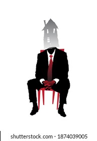 Man in a suit and red tie with a ghostly house for a head sits on a red chair with red hands clasped in front of him.