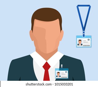 Man in suit with red tie and id badge Employees Identification White Blank Plastic Id Cards with Clasp in flat style