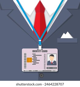 man suit with red tie and id badge. vector illustration in flat style