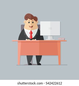 Man in a suit with a red tie. manager, accounts department, banker, businessman office worker, boss, at a desk with a computer. Flat vector illustration