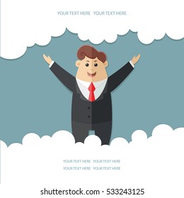 Man in a suit with a red tie. Office worker, manager, accounts department, banker, businessman. Clouds, doodle with space for text. Flat vector illustration