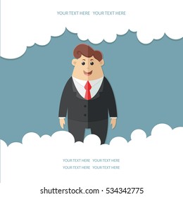 Man in a suit with a red tie. Office worker, manager, accounts department, banker, businessman. Clouds, doodle with space for text. Flat vector illustration