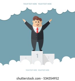 Man in a suit with a red tie. Office worker, manager, accounts department, banker. businessman proudly standing on the winning podium. Flat vector illustration