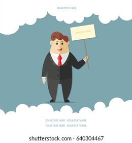 Man in a suit with a red tie. Office worker, manager, accounts department, banker, businessman. Clouds, doodle with space for text. Flat vector illustration