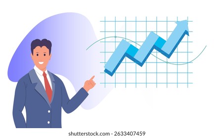 A man in a suit with a red tie points to a diagram with an arrow pointing up
