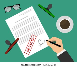 Man in suit rejected document by stamp and signature on the table with coffee and glasses. Document rejected vector illustration in flat design. Man puts signature in the document with rejected mark.
