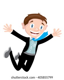a man in a suit rejoices jumping