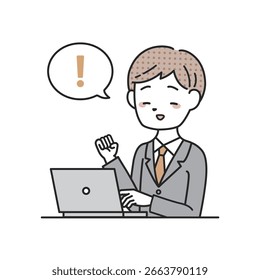Un hombre en traje regocijándose frente a una computadora