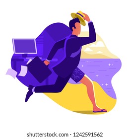 Man In Suit Running From Office To The Beach. Escape From Office Work. Going On Vacation. Businessman With Briefcase Run To The Sea. Weekend In A Tropical Country. Flat Vector Illustration.