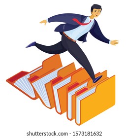 a man in a suit runs through open folders, in a hurry, looking, isolated object on a white background,
