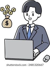 Man in suit saving money in front of laptop computer
