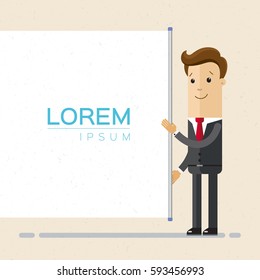 Man in suit and screen projector. Presentation concept, seminar, training, conference. Business  strategy and finance.  Vector, illustration, flat.