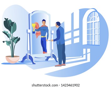 Man in Suit Sees Superhero Reflected in Mirror. Achive Goal. Competition in Business. Confident Successful Businessman. Vector Illustration. Receive Reward. Reach Top. Go to Success.