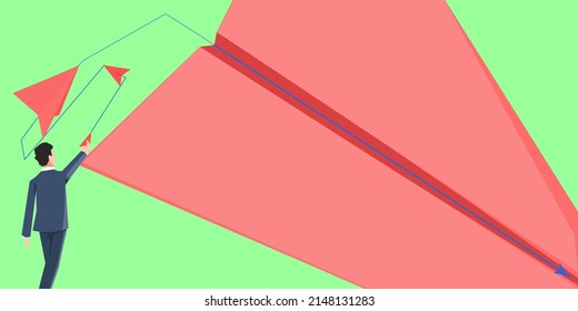 Man in suit sending paper airplane flying symbolizing creative thinking successful project strategies. Person flies airship representing innovative plans achieving goals.