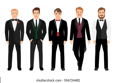 Man in suit set vector illustration. Fashion cartoon elegant business characters isolated on white background