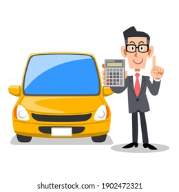 A man in a suit showing a calculator and a car