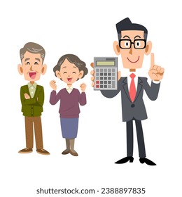 A man in a suit showing a calculator with a senior couple