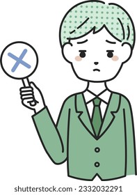 A man in a suit showing an incorrect answer