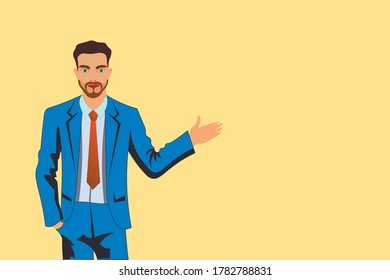 man with suit showing a new product. hand gesture pointing with his palm. Sale conception