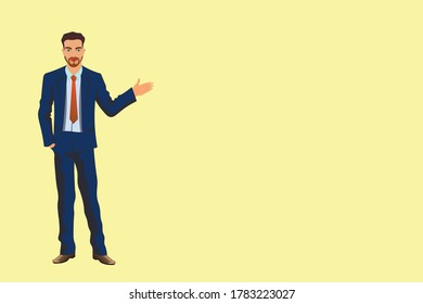 man with suit showing a new product. hand gesture pointing with his palm. Sale conception