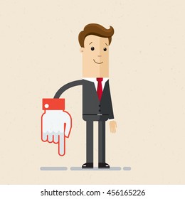 Man in suit shows a direction, way. Sign of  go down, here,  this way, red color. Vector, flat, illustration