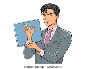 A man in a suit shows a display with an OK sign. The digital space is intertwined with our world. Technology is the future. Pop Art Retro Vector Illustration Kitsch Vintage 50s 60s Style