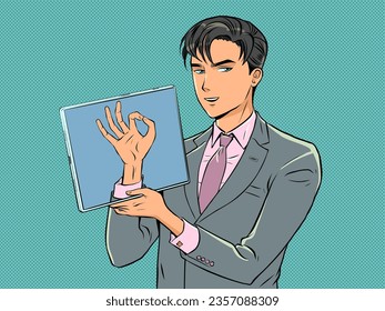 A man in a suit shows a display with an OK sign. The digital space is intertwined with our world. Technology is the future. Pop Art Retro Vector Illustration Kitsch Vintage 50s 60s Style