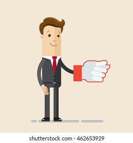 Man in suit shows a fig. Sign of thumb nose at. red color. Vector, flat, illustration