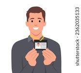 Man in suit shows his tag badge. Young man showing his id card. Flat vector illustration isolated on white background