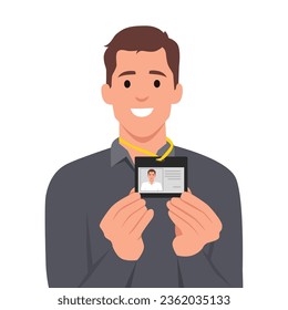 Man in suit shows his tag badge. Young man showing his id card. Flat vector illustration isolated on white background