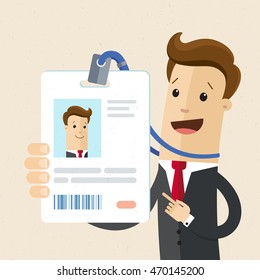 Man in suit  shows his tag badge.Vector, illustration, flat