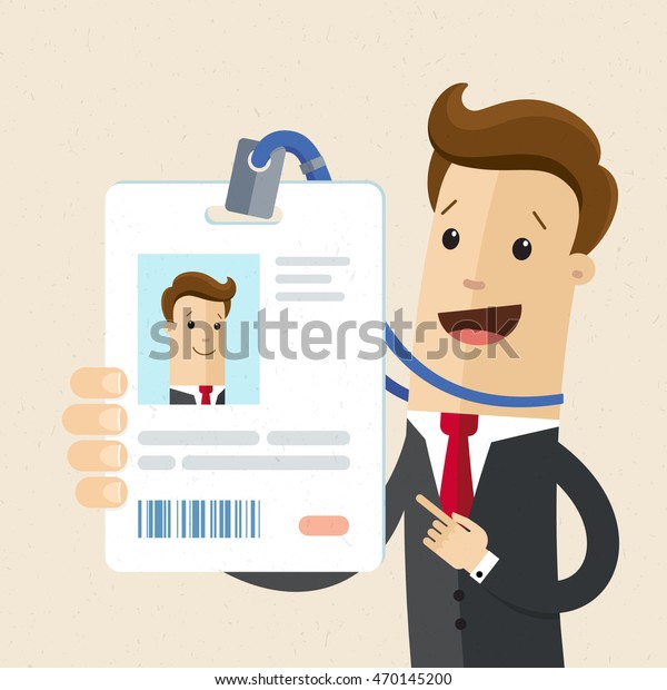 Man in suit  shows his tag badge.Vector,\
illustration, flat