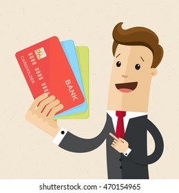 Man in suit shows plastic cards. Bank selection concept, conditions of  deposits and credits. Vector, illustration, flat