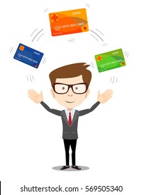 Man in suit shows plastic cards. Bank selection concept, conditions of deposits and credits. Vector, illustration, flat