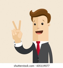 Man In Suit  Shows Sign Of Victory  On  His Fingers. Vector, Flat, Illustration