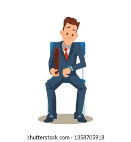 Man in Suit Sit on Chair Wait for Job Interview. Vacancy. Male Candidate for Employment Look at Watch. Recruitment. Employee Character in Formal Wear with Breifcase. Cartoon Flat Vector Illustration