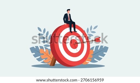 A man in a suit sits atop a red and white bullseye target, with an arrow piercing the center, surrounded by decorative leaves.