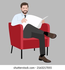 A man in a suit sits in a chair and reads a newspaper. Flat design. Vector illustration