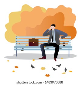 A man in a suit sits on a bench next to his briefcase, speaks on the phone, drinks coffee. Vector illustration in flat design of autumn season background with people outdoor