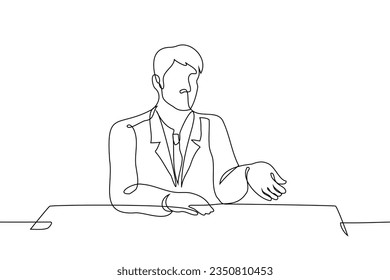 man in a suit sits at a table with outstretched hand - one line art vector. the concept of a startup looking for investment, an official requires a bribe