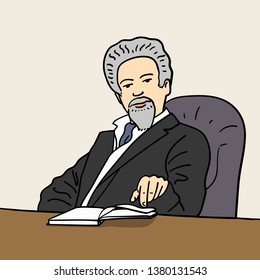 Man in suit sitting in armchair by the table and pointing to a page in the book by his finger. University professor or boss character. Vector cartoon hand drawn outlined illustration, isolated.