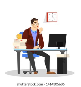 Man in a suit sitting at the desk and working on the computer. Professional office worker at the workplace, pile of paper document on the table. Vector illustration in cartoon style