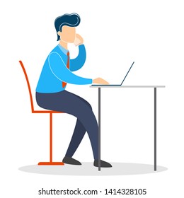 Man in a suit sitting at the desk and working on the laptop computer. Professional office worker at the workplace. Vector illustration in cartoon style