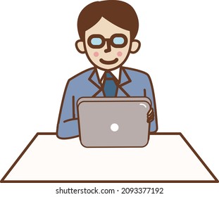 A man in a suit sitting and holding a tablet.