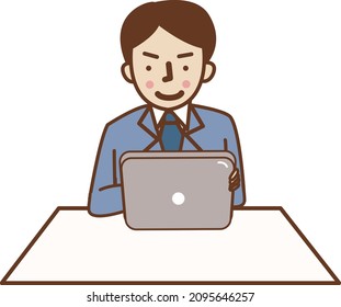 A man in a suit sitting and holding a tablet.